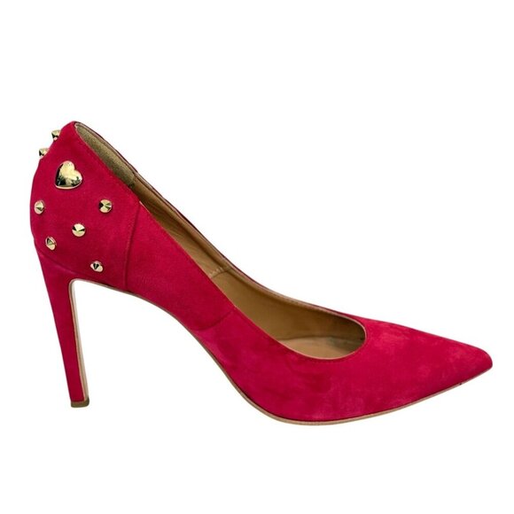 Love Moschino Red Suede Stiletto Pumps Gold Studs Heart 4" Heels Size 41 / US 11 - Picture 1 of 15